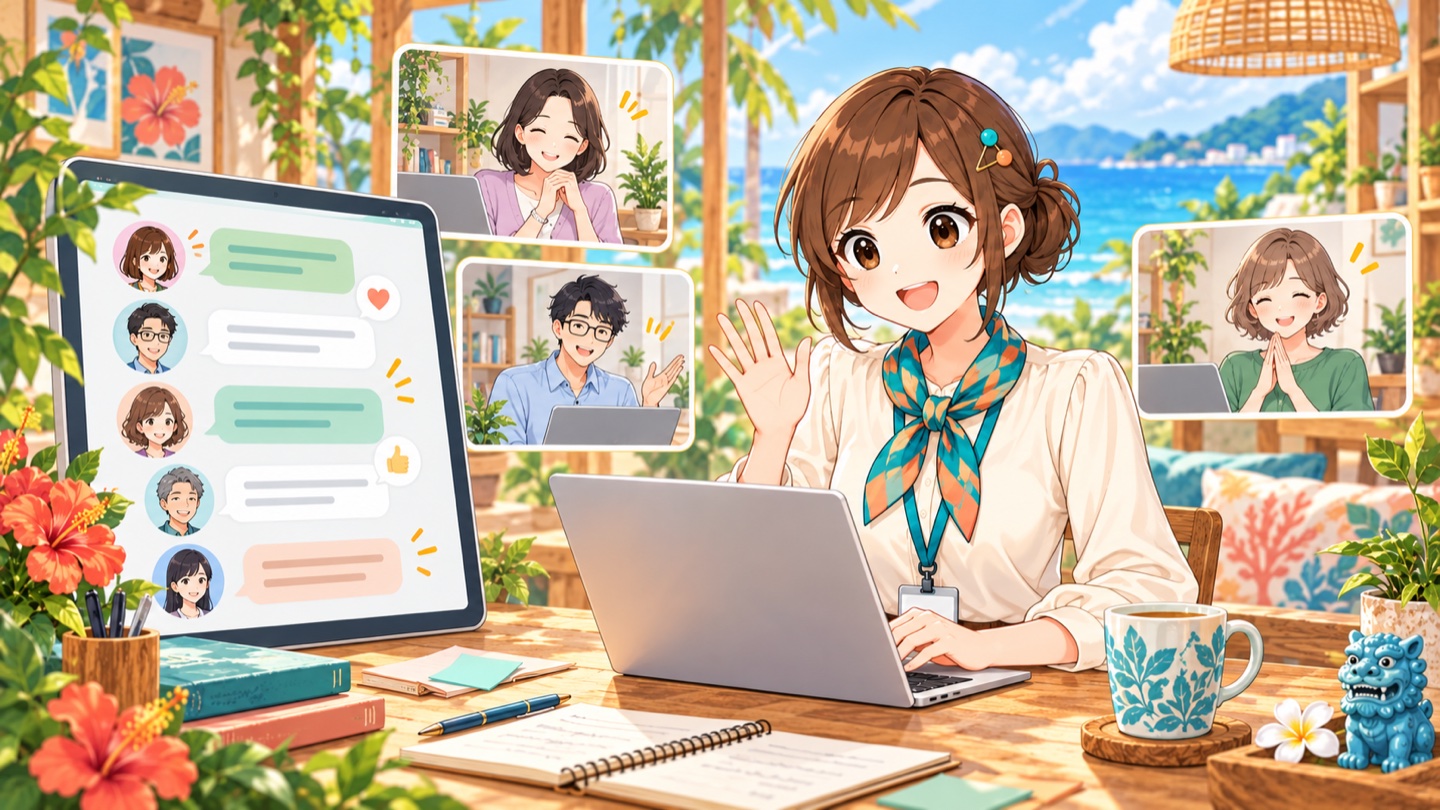 オンラインで仲間とつながる愛ちゃんのイラスト