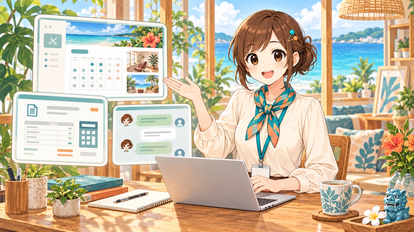 沖縄の明るい空間で、愛ちゃんが予約サイト・見積ツール・チャットの制作を案内するイラスト