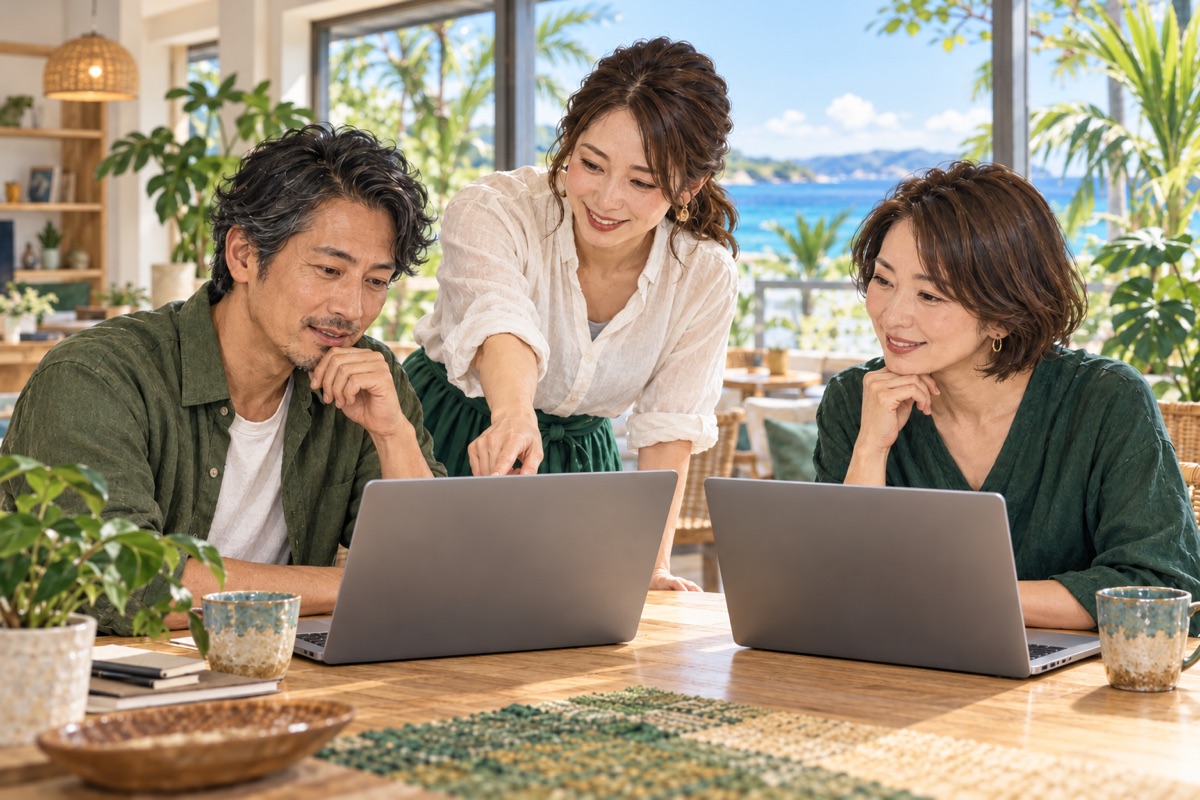 明るいラウンジで、講師と一緒にノートパソコンを使って学ぶイメージ